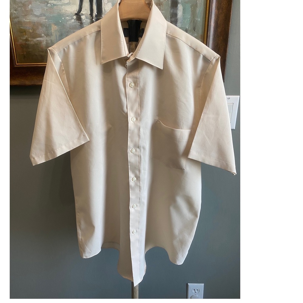Van Heusen Super Silk Mens Short Sleeve Button Down Shirt Cream Off White 15.5